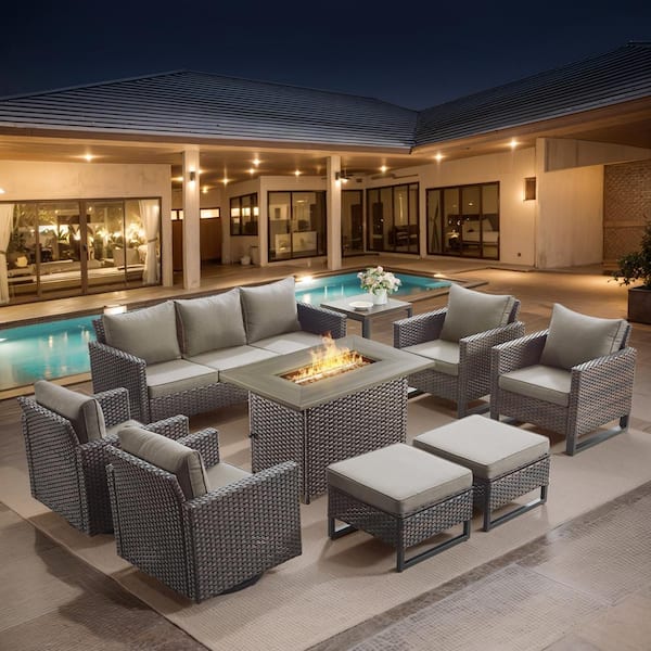 U-Weave 8-Piece Brown Wicker Outdoor Rectangular Fire Pit Conversation Set with Gray Cushions and Swivel Rocking Chairs