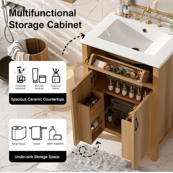 Virubi 24 in. W Acacia Wood Single Sink Bath Vanity with White