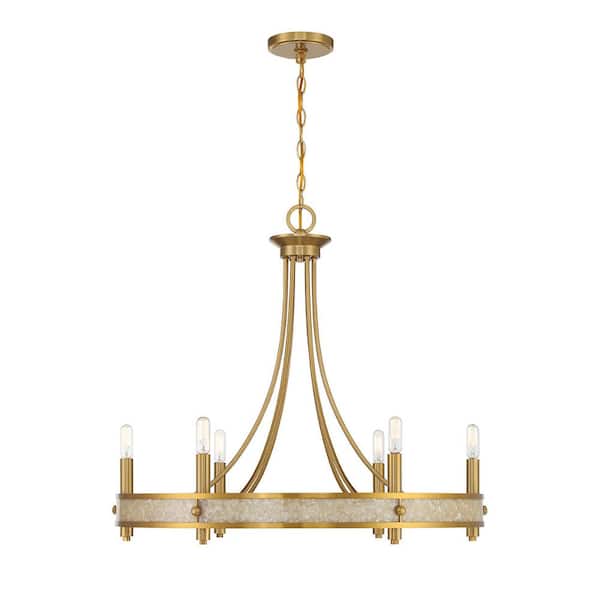 Savoy House Camden 28 in. W x 25 in. H 6-Light Warm Brass Chandelier with Acrylic Shell Accent and No Bulbs Included