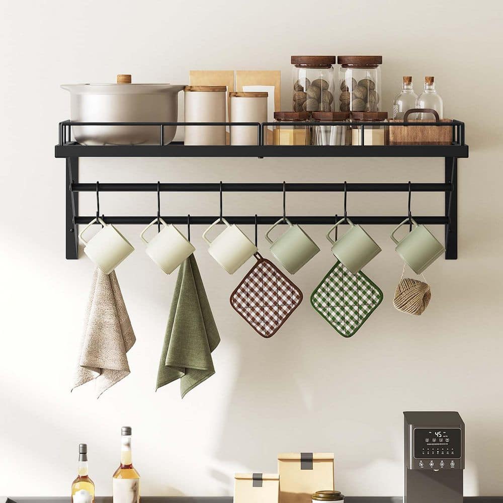 Pot Rack Rail Anqtovp 30 in. Black Wall Mounted Pot Rack Heavy Duty Iron Construction ...