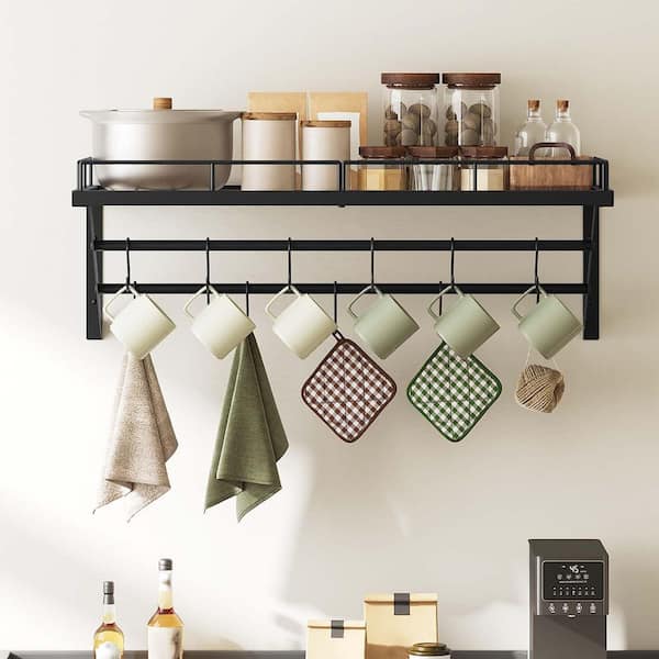 30 in. Black Wall Mounted Pot Rack Heavy Duty Iron Construction with 2 Tier Hanging Rails and 12 S-Hooks Organizer
