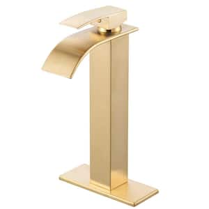 Arc Waterfall Single-Handle Single Hole Bathroom Faucet with Deckplate Included and High-Body in Brushed Gold