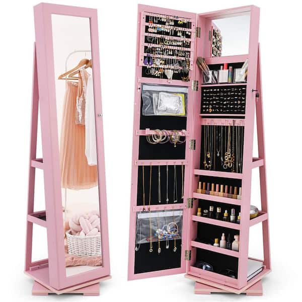 360° Rotatable Jewelry Cabinet Armoire 2-in-1 Lockable Mirrored Pink