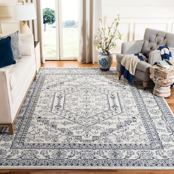 Adirondack Ivory/Navy 10 ft. x 10 ft. Border Medallion Square Area Rug