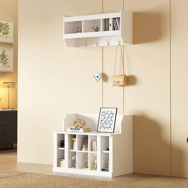 Harper & Bright Designs White Elegant Hall Tree with Wall Mounted Coat Rack and Adjustable Shelves