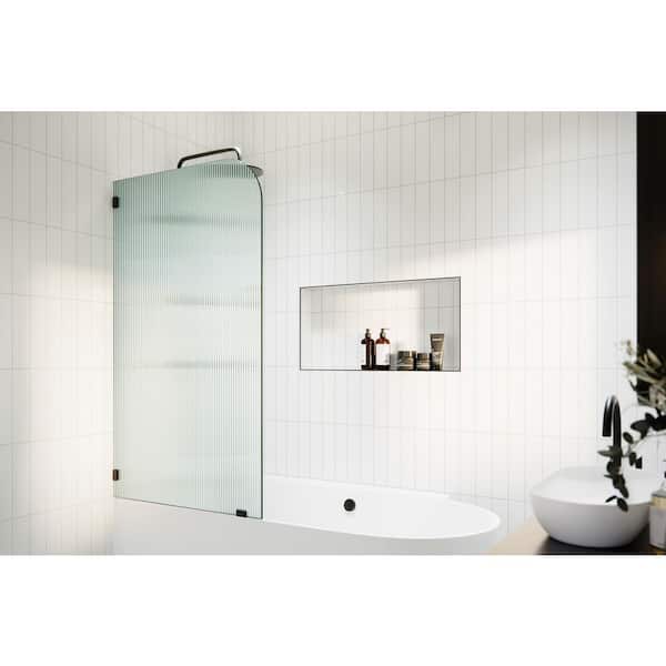 Glass Warehouse 34 in. x 58.25 in. Left-Hand Single Fixed Frameless Fluted Frosted Bath Panel Radius Shower Tub Door