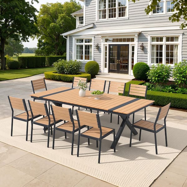 Brown 11-Piece 94 in. Aluminum Wood-Like Rectangular Patio Outdoor Dining Set with Stackable Chairs and Umbrella Hole