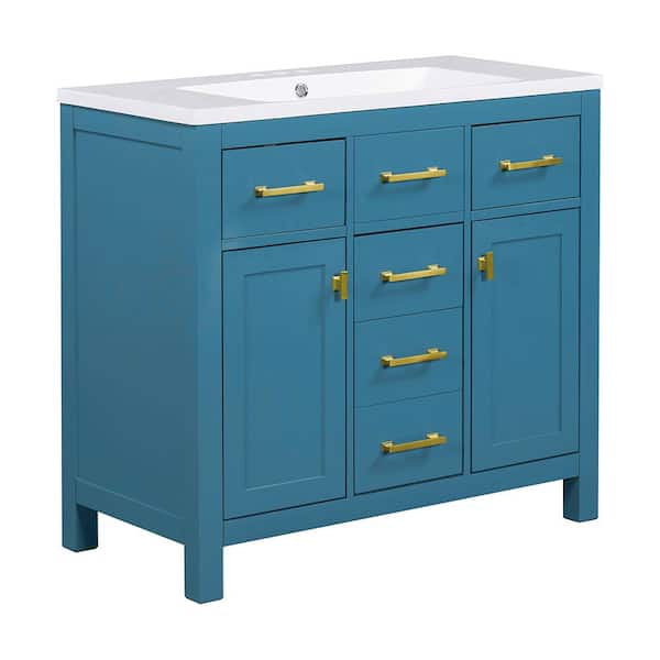 36 in. Freestanding Bath Vanity Cabinet in Blue with White Resin Sink Top, 4 Drawers and 2 Soft -Close Doors