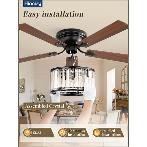 HINNIXY 56 in. Smart Indoor Black Crystal Flush Mount 6-Speed