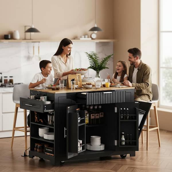 Runesay Retro Fluted Power Outlet Black Wood 48.5 in. Rolling Kitchen Island with Trash Can Cabinet and Internal Storage Rack