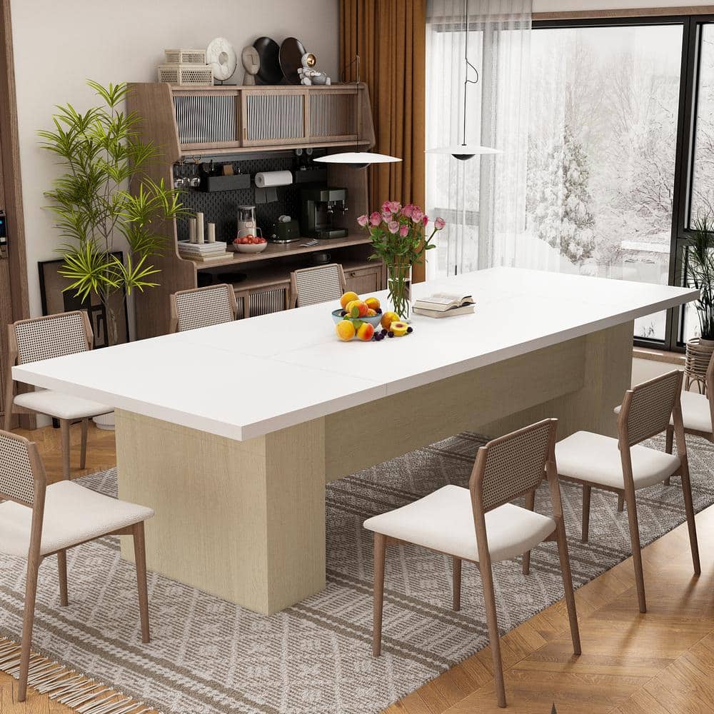 Wooden Grain Oak and White Color Wood 126 in. Width Rectangle Double Pedestal Double based Dining Table for 10