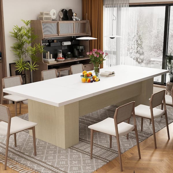 FUFU&GAGA Wooden Grain Oak and White Color Wood 126 in. Width Rectangle Double Pedestal Double-based Dining Table for 10
