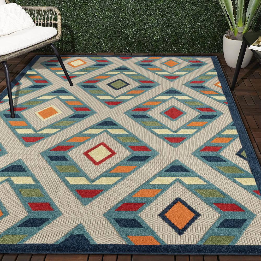 Reversible Rectangular Blue Geometric Easy-Care Area Rug