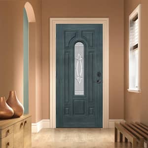 36 in. x 80 in. Right-Hand/Inswing Center Arch Blakely Decorative Glass Denim Steel Prehung Front Door
