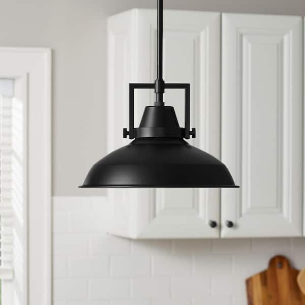 Hampton Bay Wilhelm 12 in. 1-Light Black Industrial Farmhouse Pendant Light Fixture with Metal Shade