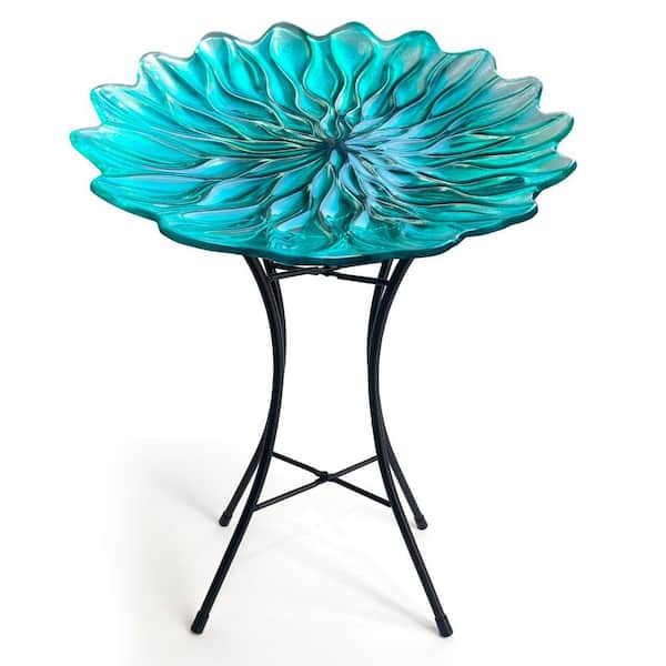 15 in. Dia Glass Bird Baths Bowl with Metal Stand for Garden Patio Lawn Decor-Green