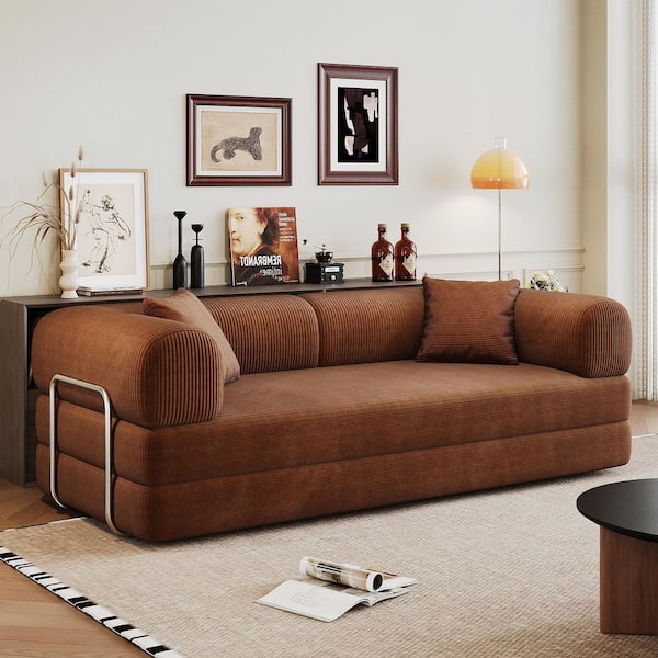 Killian 78.8 in. Round Arm Corduroy Rectangle Convertible Sleeper Sofa Bed in Brown Compressed Foam
