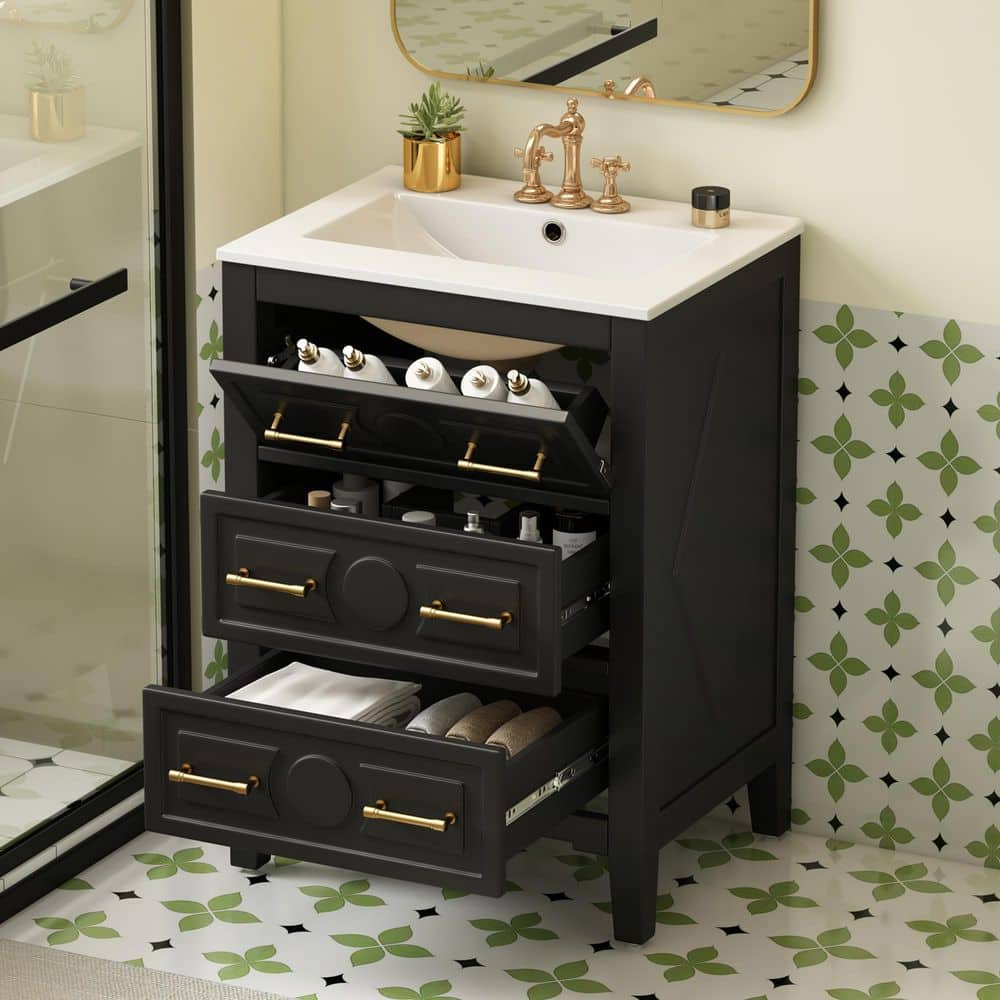 24 in. Single Sink Freestanding Black Bath Vanity with White Ceramic Top price history on PriceWatchPro