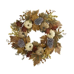 24 in. Fall Pumpkins, Pine Cones and Berries Artificial Wreath