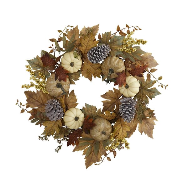 Nearly Natural 24 in. Fall Pumpkins, Pine Cones and Berries Artificial Wreath