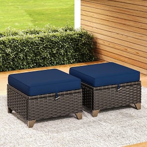 Wicker Outdoor Patio Ottoman with Deep Blue Cushions (Set of 2)