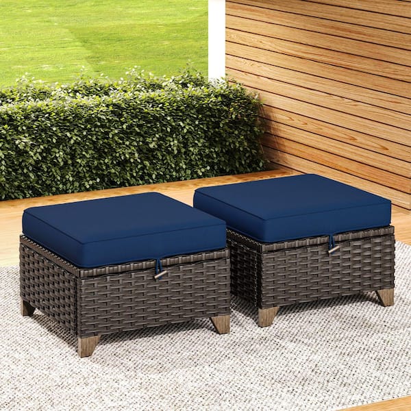 JOYSIDE Wicker Outdoor Patio Ottoman with Deep Blue Cushions (Set of 2)