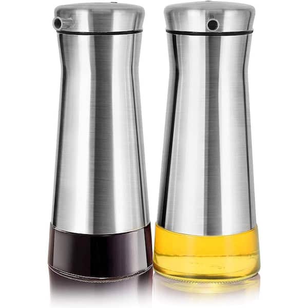 Stainless Steel Silver Oil and Vinegar Dispenser Set 2-Pack No-Drip Bottle for Kitchen Olive Oil Soy Sauce