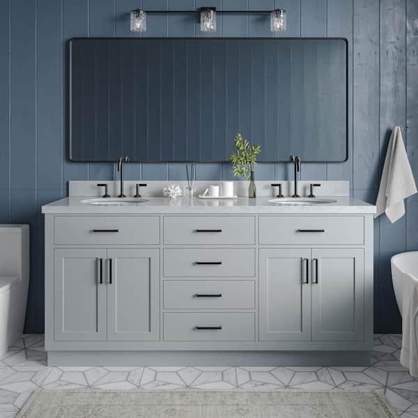 ARIEL Hepburn 73 in. W x 22 in. D x 36 in. H Bath Vanity in Grey with Carrara Marble Vanity Top in White with White Basins