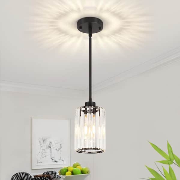 1-Light Black Elegant Crystal Cylinder Pendant Light For Kitchen Island