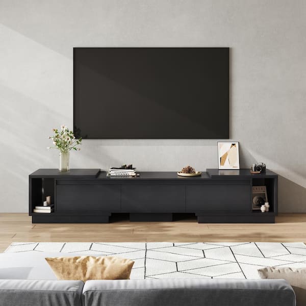 Black Rectangular Media Console TV Stand Entertainment Center Fits TV's up to 120 in. With Adjustable Length