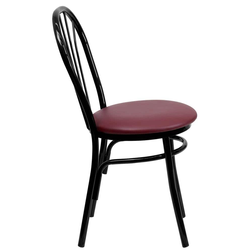 Burgundy Vinyl and Black Steel Fan Back Side Chair