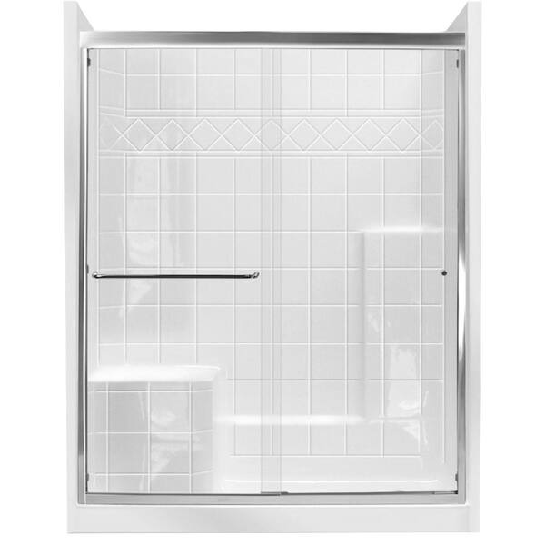 Ella Standard 60 in. x 33 in. x 77 in. Right Drain 3-Piece Alcove Shower Kit in White, LHS Molded Seat, Chrome Sliding Door