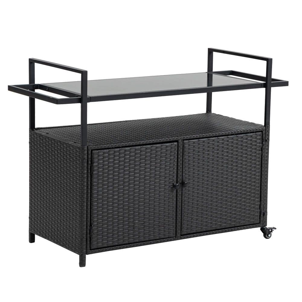 Black Patio Serving Cart, Bar Cart, Rolling Rattan Beverage Bar Counter Tab