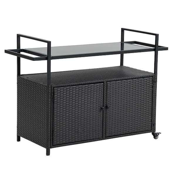 Unbranded Black Patio Serving Cart, Bar Cart, Rolling Rattan Beverage Bar Counter Table for Porch Backyard Garden Poolside Party