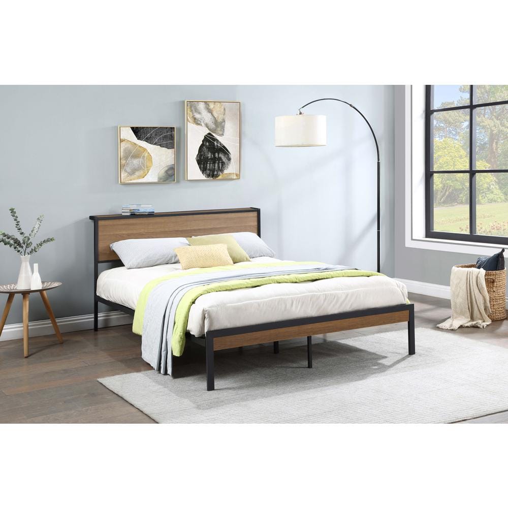Industrial Queen Metal Bed with Oak Headboard