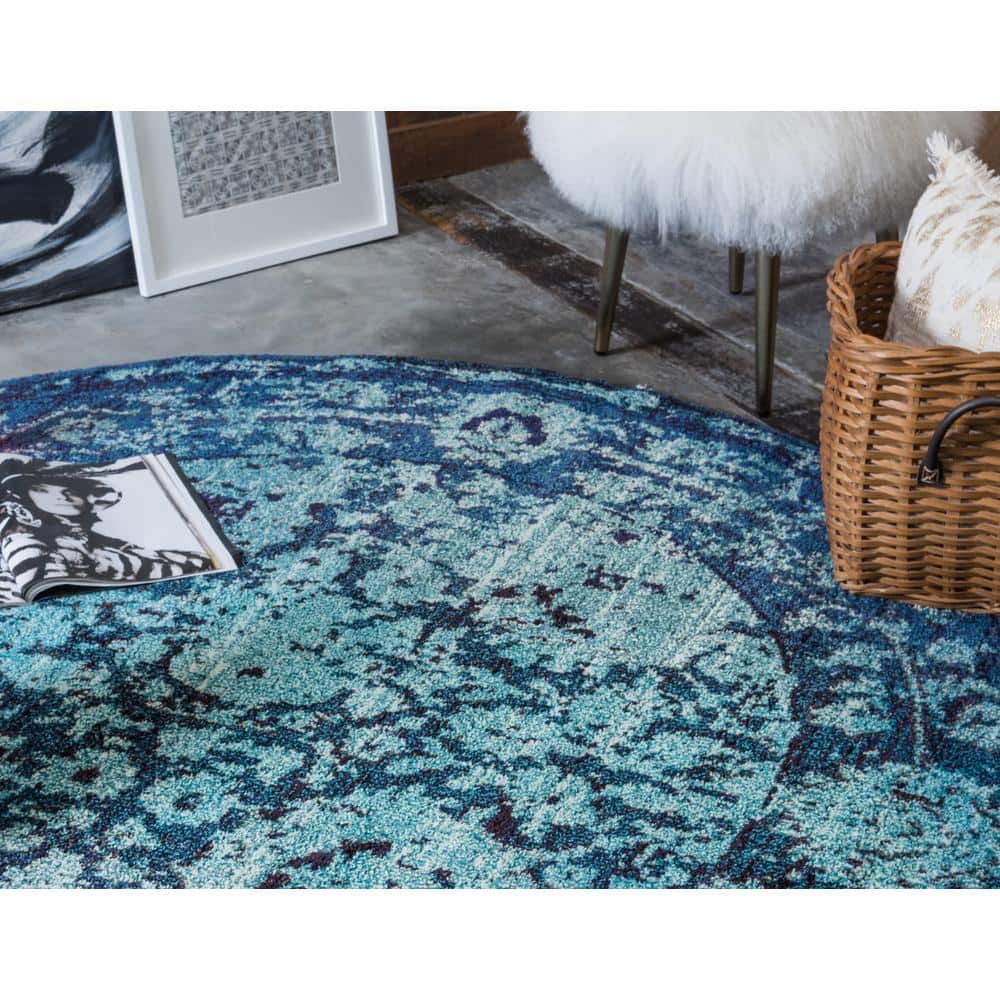 Fleur Intricate Pattern Navy to Light Blue Round Rug - 6'