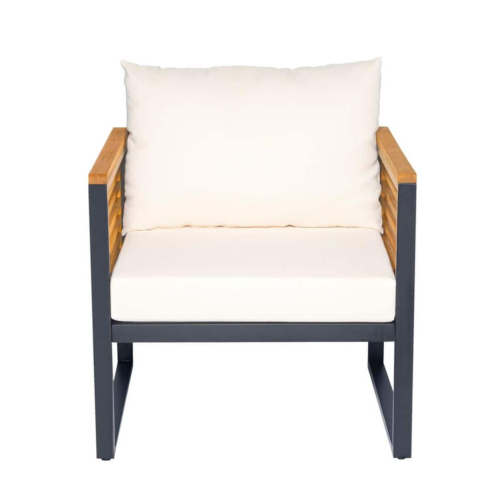 Griffin Patio Solid Wood and Metal Frame Outdoor Lounge Chair with Beige Cushions, Teak + Black
