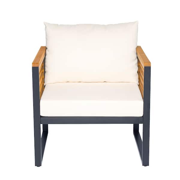 CHRISTOPHER KNIGHT HOME Griffin Patio Solid Wood and Metal Frame Outdoor Lounge Chair with Beige Cushions, Teak + Black