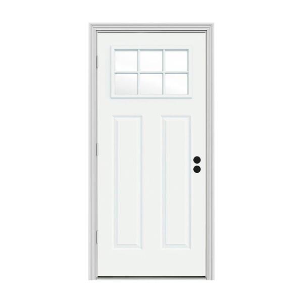 JELD-WEN 34 in. x 80 in. 6 Lite Craftsman White Painted Steel Prehung Right-Hand Outswing Front Door w/Brickmould