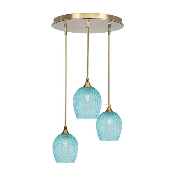 Unbranded Villa 19.25 in. 3-Light New Age Brass Cluster Pendant Light with 7.5" Turquiose Textured Glass Shades, no bulbs included
