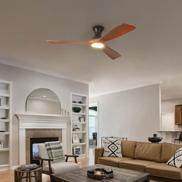 52 in. Indoor Modern Dark Wood Dark Low Profile 3 Blades Flush Mount Ceiling Fan with Light Integrated LED with Remote