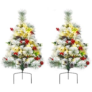 2PCS 2 ft. Pre-Lit Snow Flocked Artificial Christmas Tree Pathway Xmas Tree w/8 Flash Modes