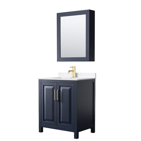 Wyndham Collection Daria 30 in. W x 22 in. D x 35.75 in. H Single Bath Vanity in Dark Blue with White Quartz Top and Mirror