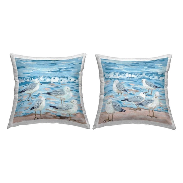 Modern Sandpipers Beach Waves Blue Square Outdoor Throw Pillow 2-Pack