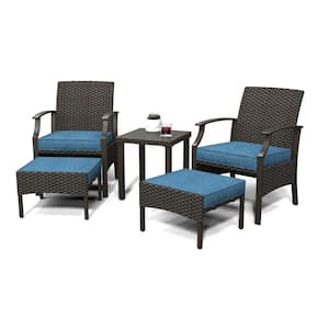 Peacock Blue 5-Piece Metal Outdoor Bistro Set with Olefin Cushions Ottomans and Coffee Table