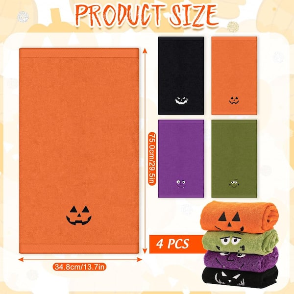 4-Pc Spooky Embroidered Cotton Hand Towels – Pumpkin & Monster