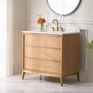 36 in.W x 22 in.D x 35 in.H Certified Single Sink Solid Wood Bath Vanity in OAK with White Quartz Top,Soft-Close Drawers