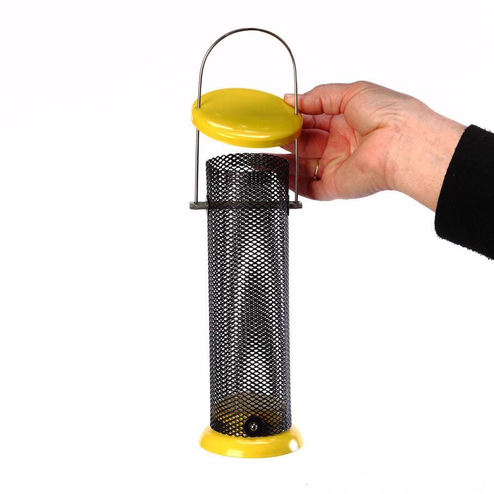 Yellow Metal and Mesh Hanging Nyjer Seed Feeder