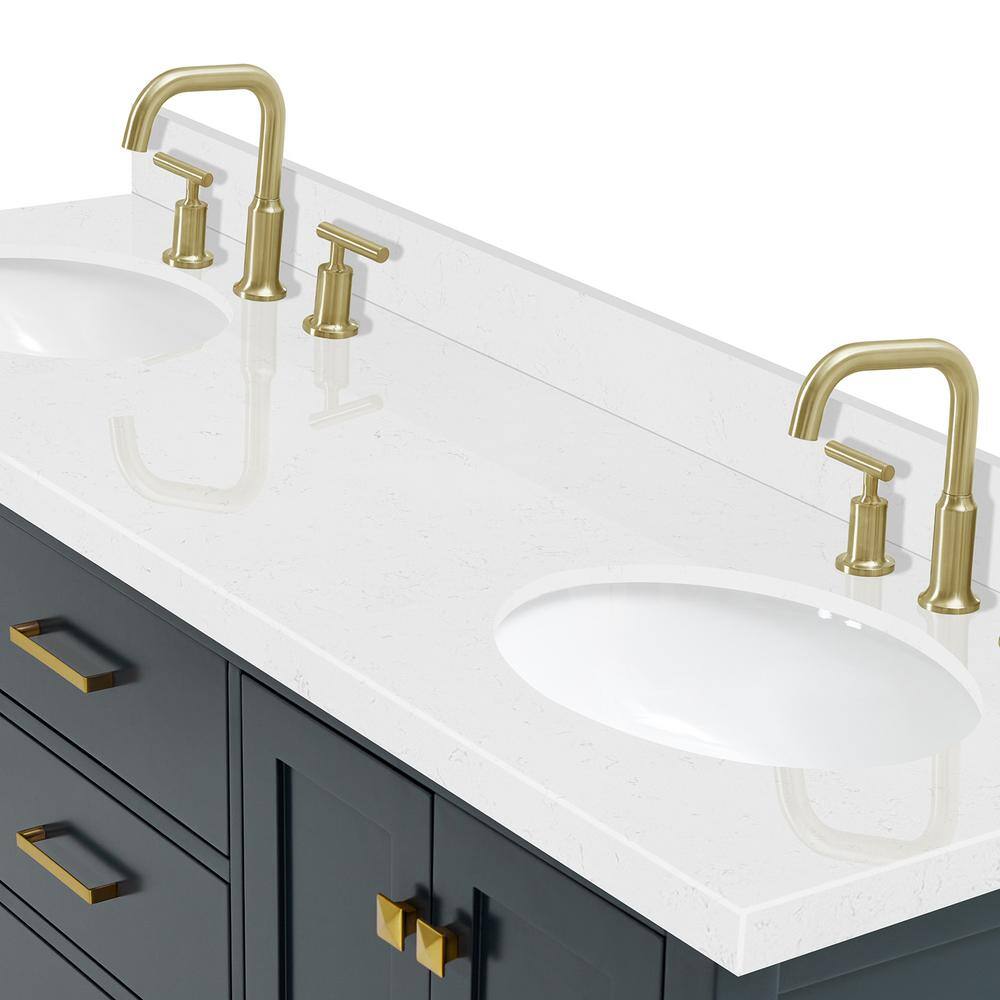 Midnight Blue Wood Freestanding Double Vanity with White Quartz Top
