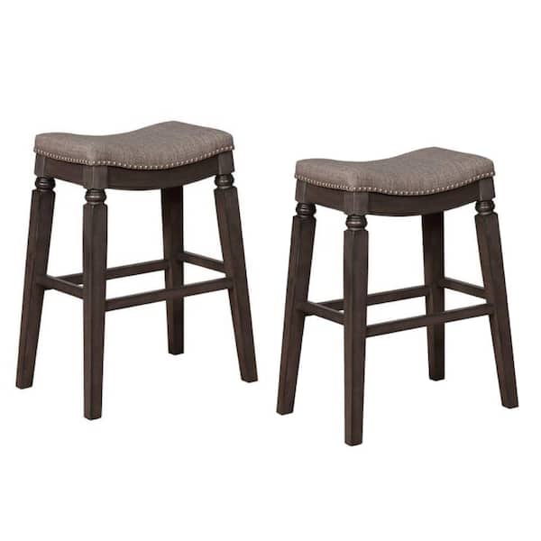 Benjara 25 in. Gray Nailhead Fabric Upholstered Wooden Counter Height Bar Stool with Saddle Seat (Set of 2)